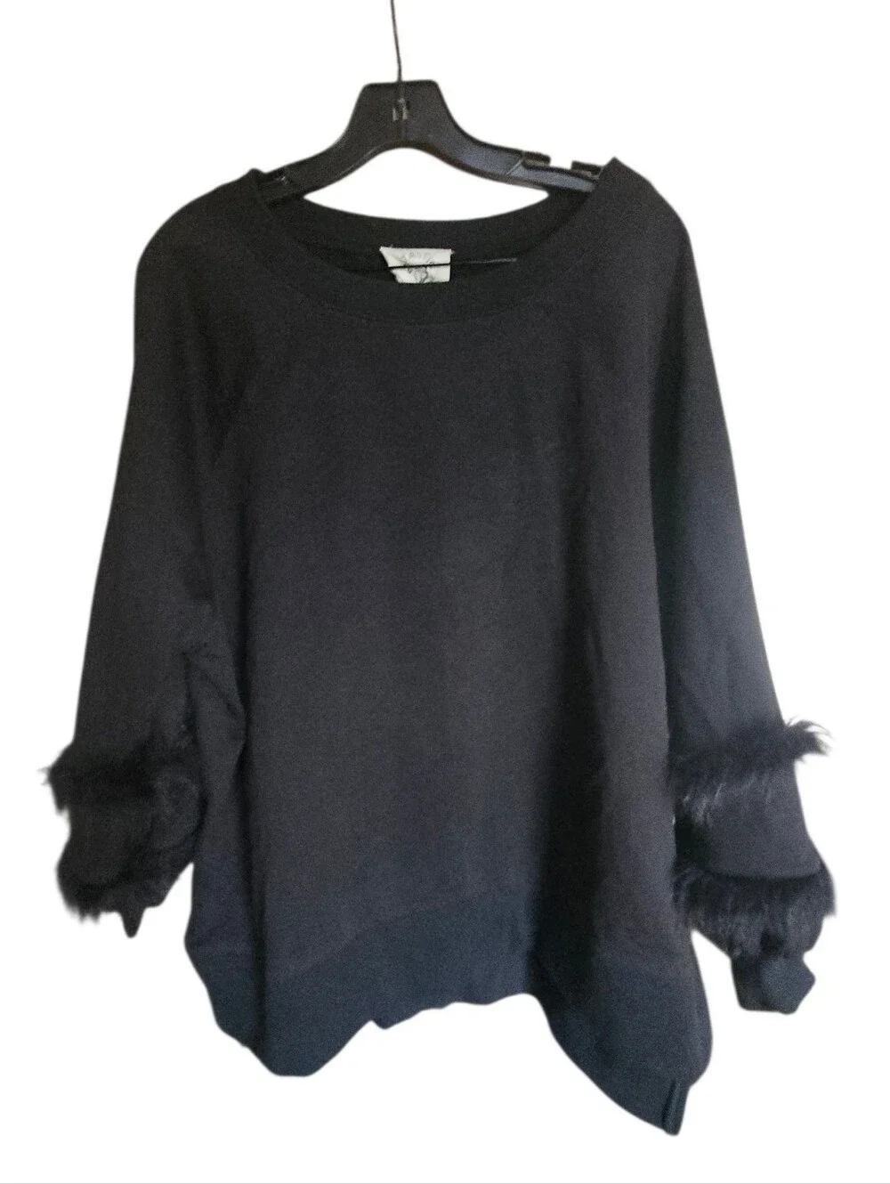 Black Women's Pullover Sweater with Faux-Fur Trim